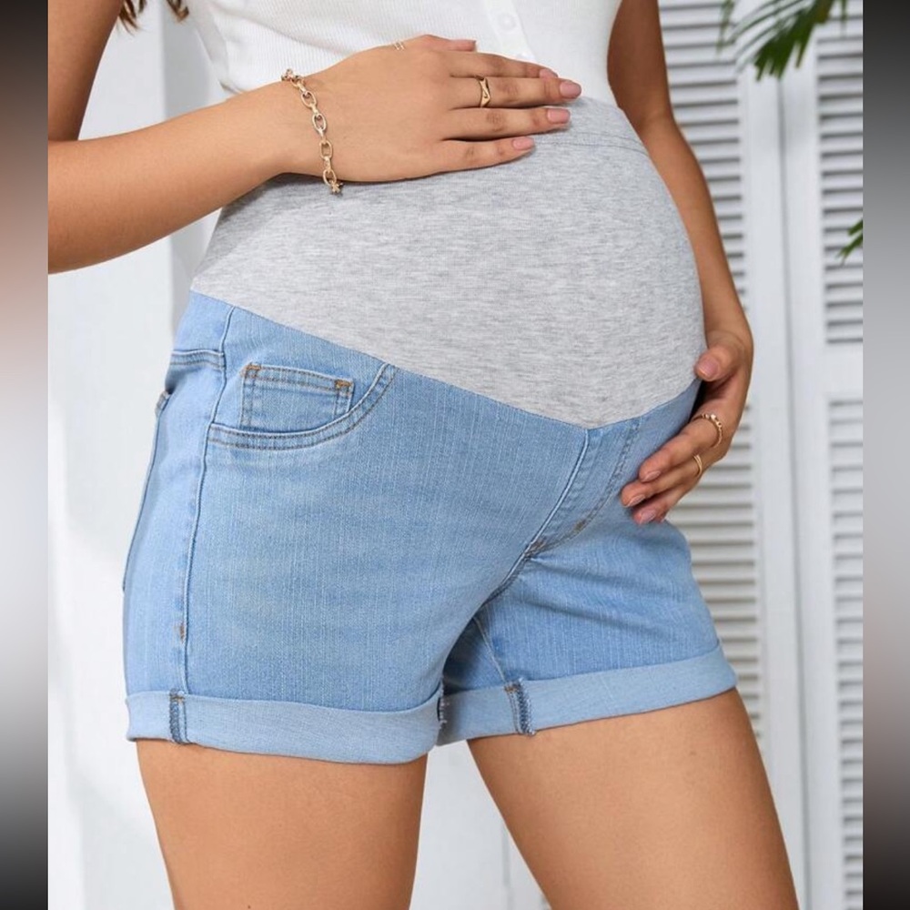 Maternity Elastic Rolled Hem Casual Denim Shorts